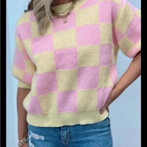 BIBI Checkered Pattern Short Puff Sleeve Knit Sweater Top